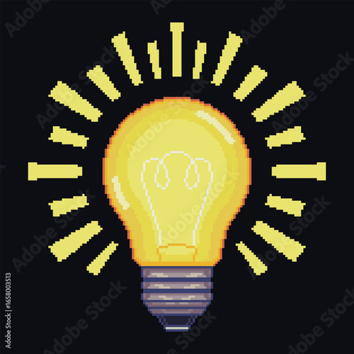 Pixel art glowing light bulb with shining rays on black background. Retro 8 bit design symbolizing idea, inspiration, creativity and innovation. Vector illustration.