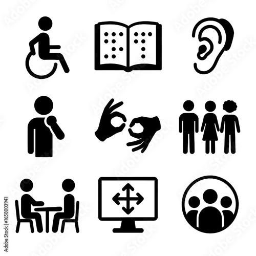 Black and White Disability and Accessibility Icons – Wheelchair, Braille, Sign Language, Inclusive Communication, Diversity