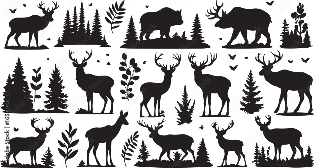 Fototapeta premium Enchanting Forest Silhouettes Diverse Wildlife Deer Bear Moose Trees Nature Scene Rustic Charm Woodland Ambiance Wildlife Illustration