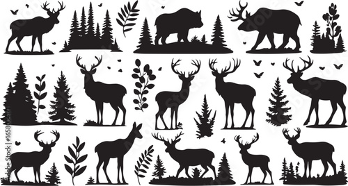 Enchanting Forest Silhouettes Diverse Wildlife Deer Bear Moose Trees Nature Scene Rustic Charm Woodland Ambiance Wildlife Illustration