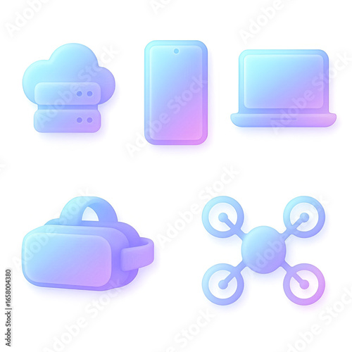 3D Gradient Technology Icons – Cloud Server, Smartphone, Laptop, VR Headset, Drone Devices