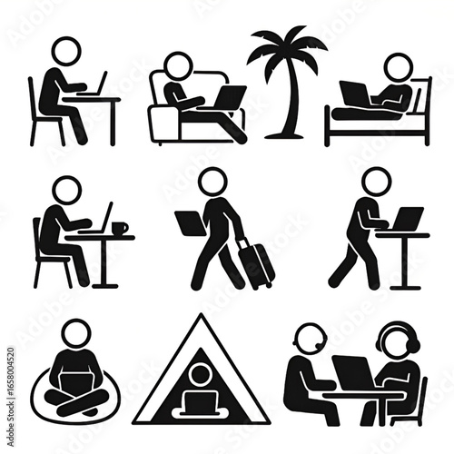 Remote Work Digital Nomad Stick Figure Icons – Laptop, Cafe, Couch, Travel, Tent, Collaboration, Bed, Bean Bag