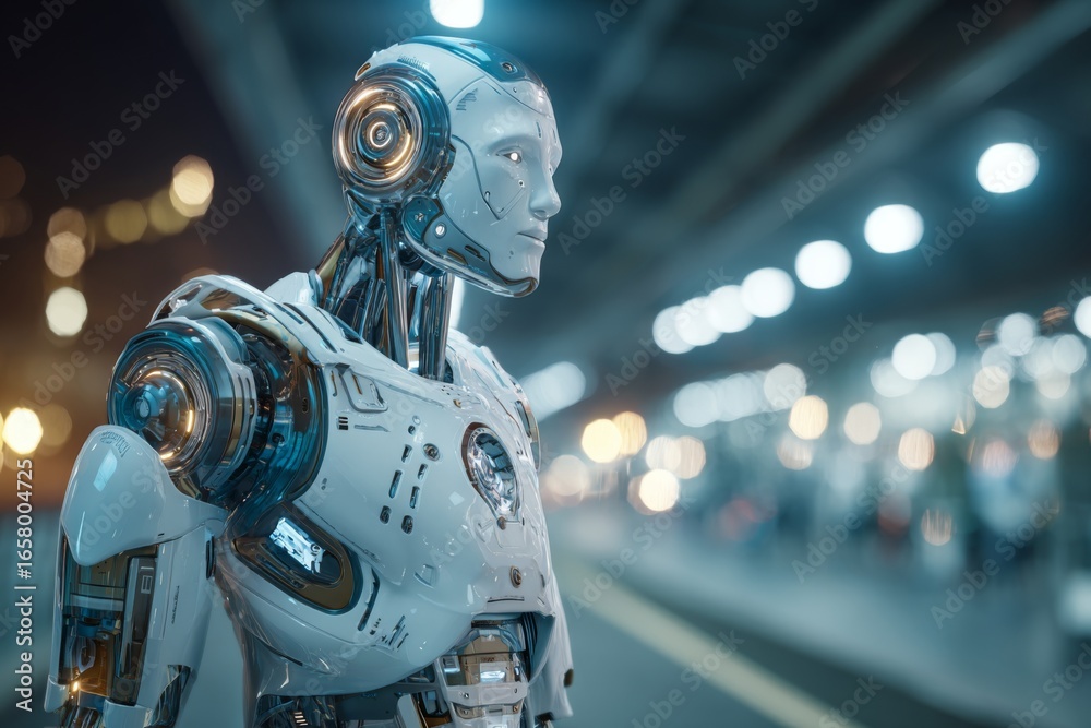 Fototapeta premium A sleek, futuristic robot with intricate designs stands on a city street illuminated by soft urban lights at night. This scene captures the essence of modern technology and innovation