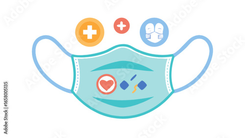 Face mask protection against virus and bacteria with health symbols for medical safety and care concept
