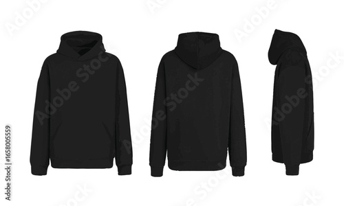 Modern Vector illustration Blank black hoodie template. Hoodie sweatshirt long sleeve with clipping path, hoody for design mockup for print, easily editable.