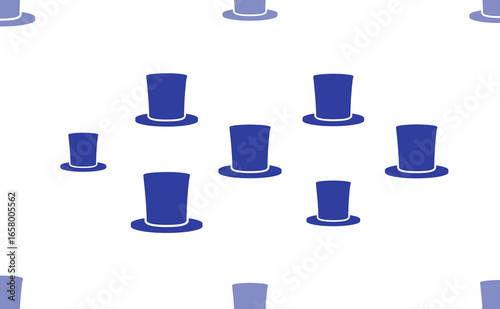 Seamless pattern of large isolated blue top hat symbols. The pattern is divided by a line of elements of lighter tones. Illustration on light transparent background