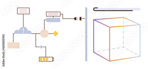 Diagram with cloud connection, workflow process, battery icon, plug interface, and 3D cube display. Ideal for technology, innovation, automation, engineering data processing systems and future