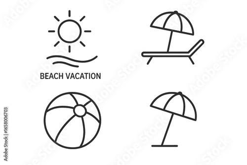 Beach vacation icons: sun, waves, lounger, beach ball, parasol