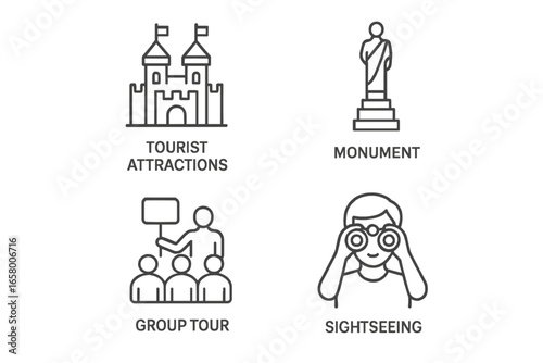Outline icons of tourist attractions, monument, group tour, and sightseeing