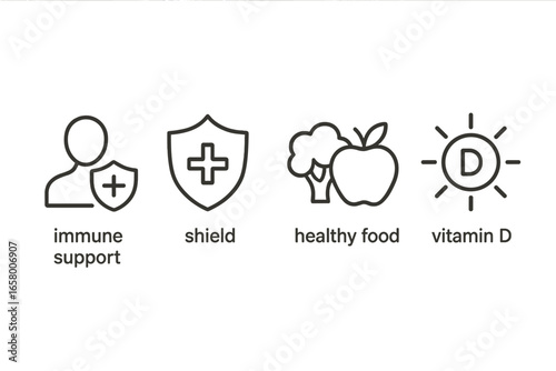 Immune support symbols: shield, healthy food, vitamin d icons