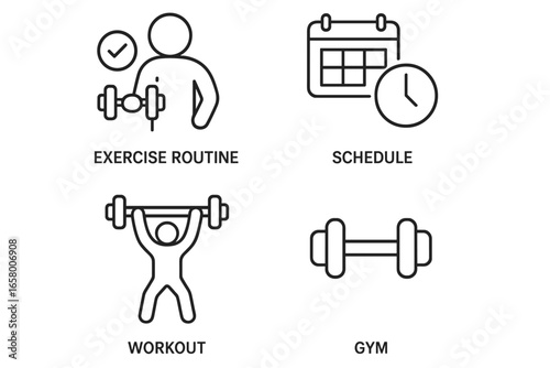 Exercise routine and schedule: workout and gym icon set