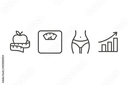 Healthy lifestyle icons: nutrition, weight management, fitness progress