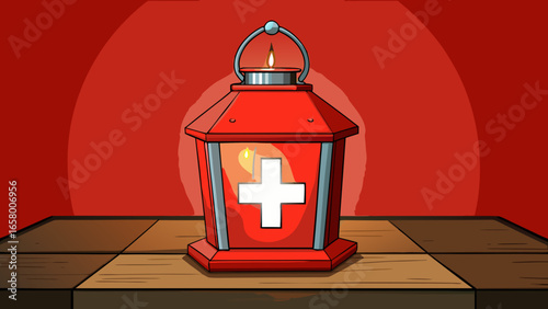 Radiant red Swiss cross lantern placed on a wooden table, spreading soft candlelight with a hazy alpine red background vector illustration. 