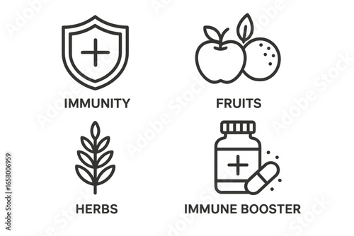 Immunity boosting symbols: fruits, herbs, and supplements icon set