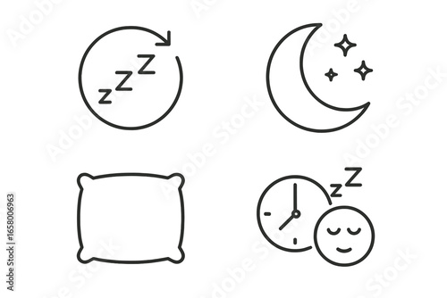 Sleep and dream icons: moon, pillow, clock, peaceful rest symbols