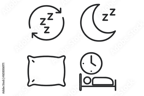Simple sleep symbols: moon, pillow, clock, bedtime icons for restful nights
