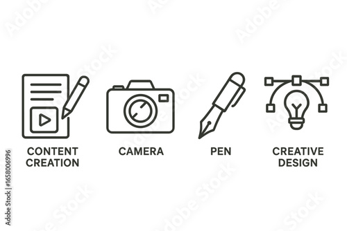 Content creation tools icons: camera, pen, creative design illustrations
