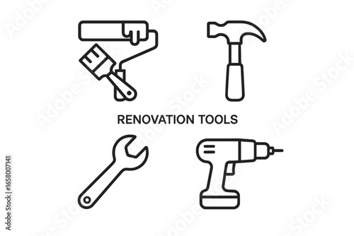 Simple line icons of renovation tools: paint roller, hammer, wrench, drill