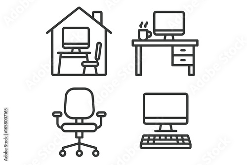 Home office setup: desk, chair, computer, keyboard icons for remote work
