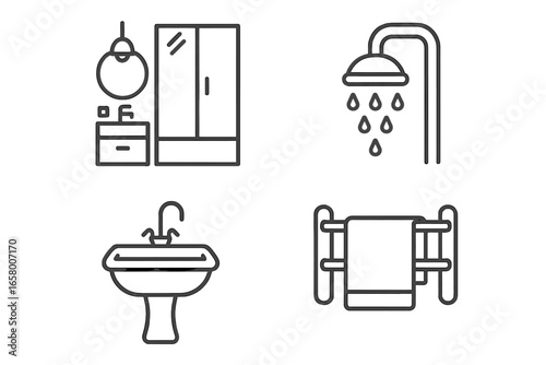 Minimalist bathroom icons: shower, sink, mirror, towel rack
