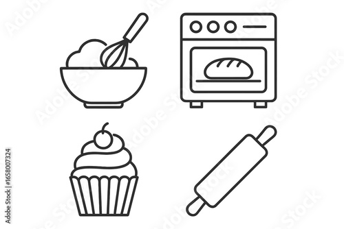 Baking essentials: whisk, oven, cupcake, and rolling pin icons
