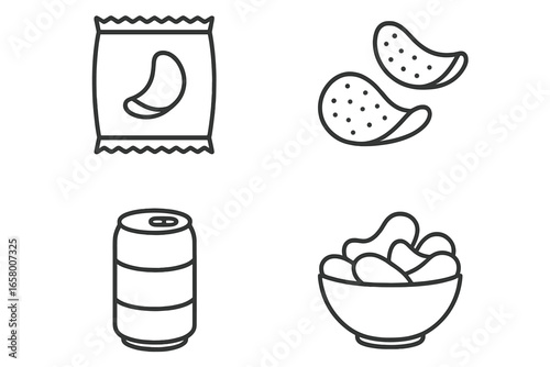 Snack set: chips, can, bowl, pack