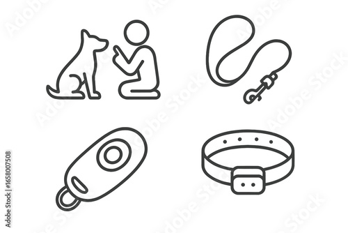 Dog training essentials: leash, clicker, collar, trainer outline icons