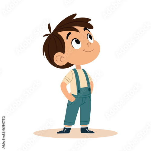 Happy Cartoon Boy Standing Proudly with Hands on Hips in Overalls