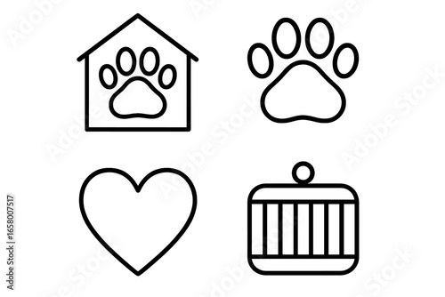 Pet icons: paw prints, heart, house, and cage symbols for animal care