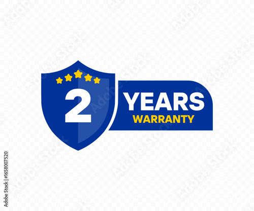 2 Years warranty shield label icon badge design. 2 Years Warranty Badge Label vector design and illustration.

