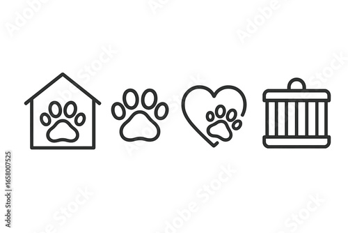 Pet care icons: house, paw prints, heart, cage symbols in line art style