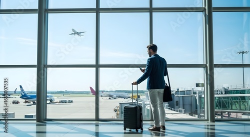 Black man with phone, airport window and plane taking off, checking flight schedule terminal for business trip. Technology, travel and businessman reading international travel restrictions app online