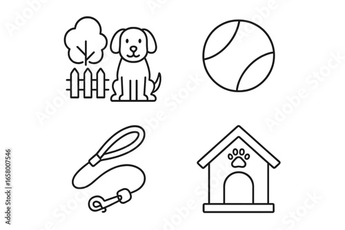 Outline icons of dog, ball, leash, and doghouse