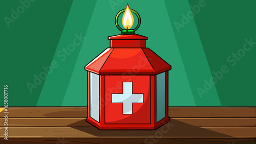 Radiant green Swiss cross lantern placed on a wooden table, spreading soft candlelight with a hazy alpine green background vector illustration. 
