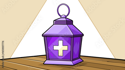Radiant purple Swiss cross lantern placed on a wooden table, spreading soft candlelight with a hazy alpine grey background vector illustration. 