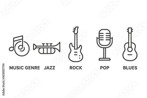 Line art icons representing jazz, rock, pop, and blues music genres
