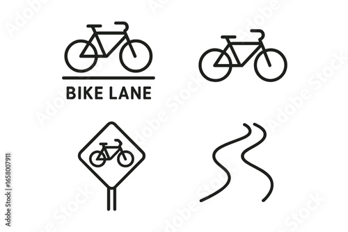 Bicycle icons: bike lane, sign, road, and paths representation