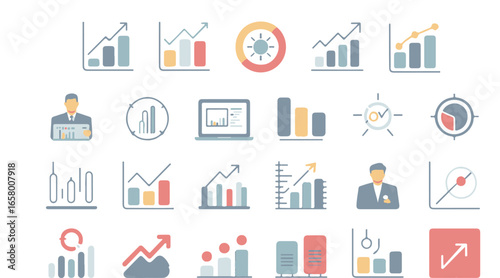 Analytics and business growth icons set – data charts, graphs, statistics, finance, performance tracking, strategy, and success