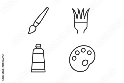 Art tools outline: paintbrushes, paint tube, and palette