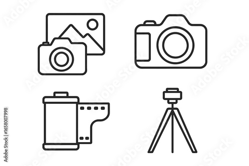 Outline icons of camera, film roll, and tripod for photography enthusiasts