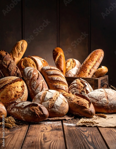 Assorted Breads in Wooden Box on Table