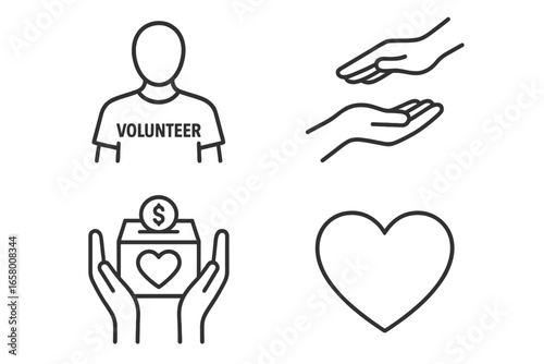 Volunteer icons: giving hands, donation box, heart symbol