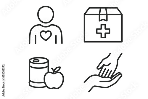 Icons representing healthcare, food donation, hand support, and medical supply box