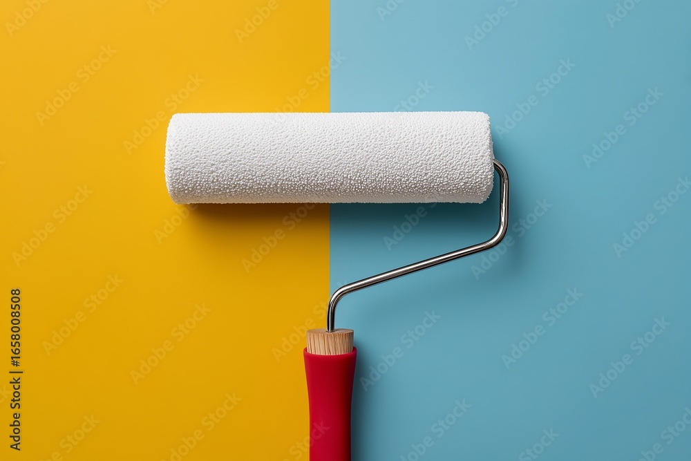 Obraz premium Brightly colored wall with half yellow and half blue paint, showcasing a paint roller ready for use in a home improvement project