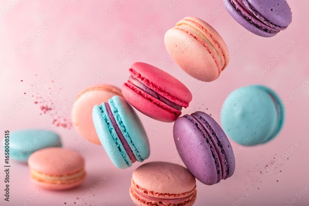 Obraz premium Colorful macarons in various shades floating on pink background with sugar dust