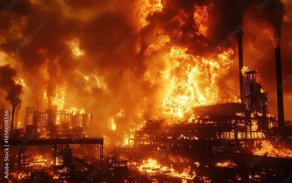 Fototapeta premium Fiery Industrial Inferno at Night