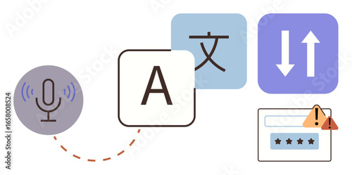 Microphone icon, language symbols, translation arrows, and warning alert. Ideal for language localization, online tools, accessibility, global communication, UIUX automation simple flat metaphor
