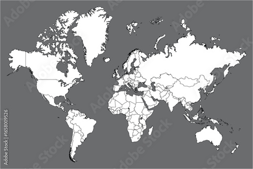 High resolution grey map of the world split into individual countries. High detail world map