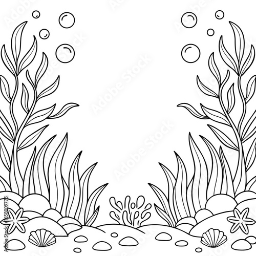 Coloring book page for adults. Underwater seabed with algae and corals, line art design, and fish, perfect for relaxation, stress relief, creative therapy, and mindful coloring activities.