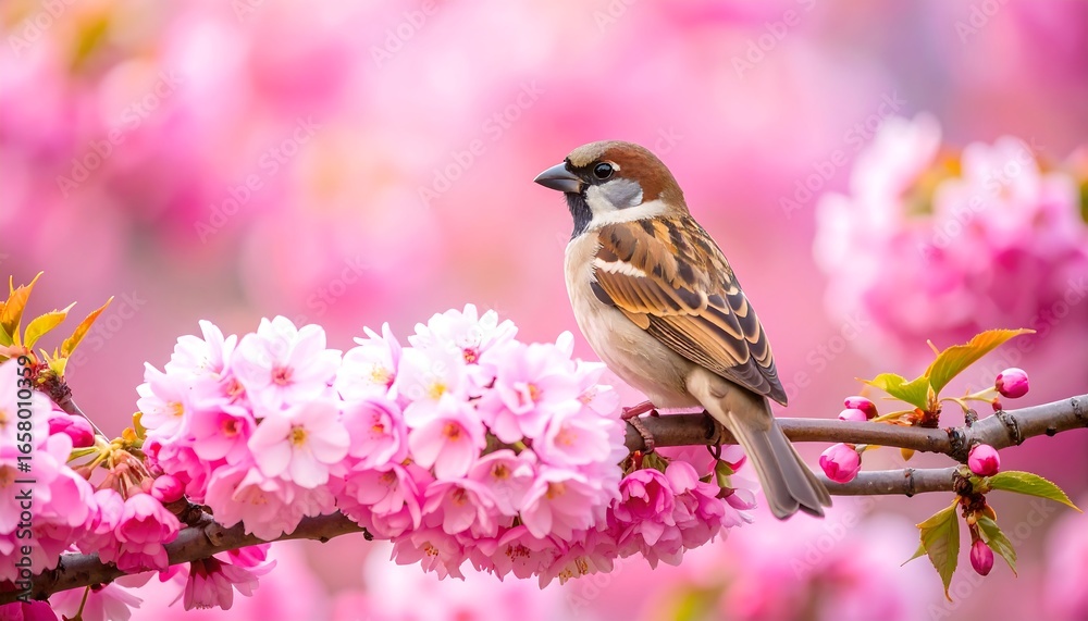Fototapeta premium A sparrow perches serenely amidst a profusion of delicate, soft pink cherry blossoms, bathed in the gentle light of spring.